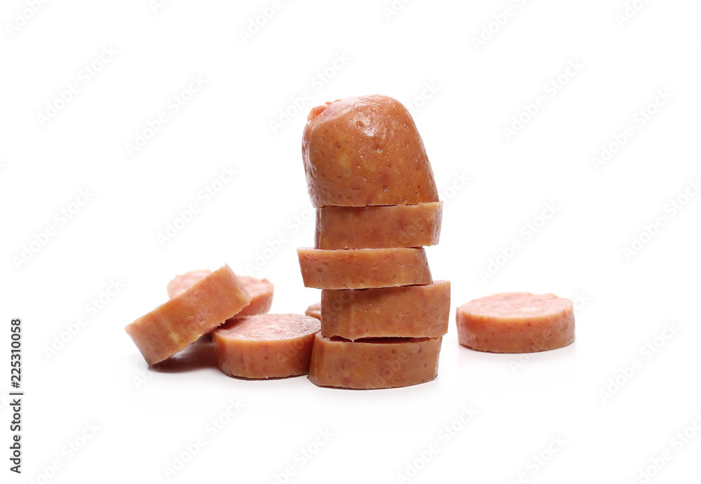 Sausages with slices isolated on white background Sausages with slices isolated on white background