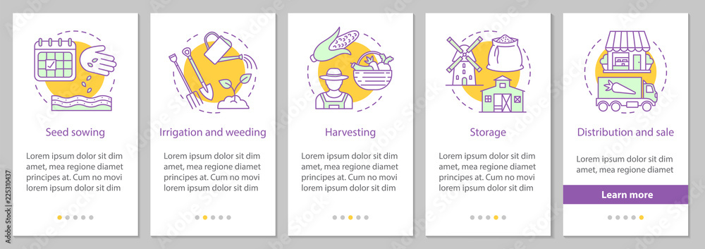 Agricultural business onboarding mobile app page screen with lin