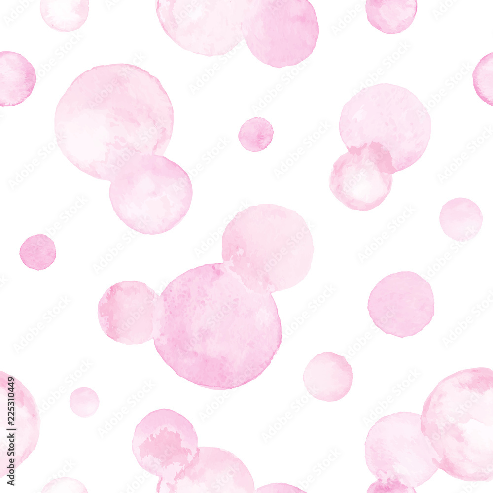 Watercolor vector texture. Aquarelle circles in pastel colors. Seamless pattern. Watercolor pink spots isolated on white background.