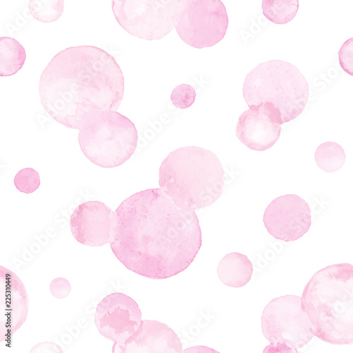 Watercolor vector texture. Aquarelle circles in pastel colors. Seamless pattern. Watercolor pink spots isolated on white background.