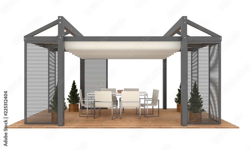 3D render of modern luxury garden pergola. With plants and furniture ...