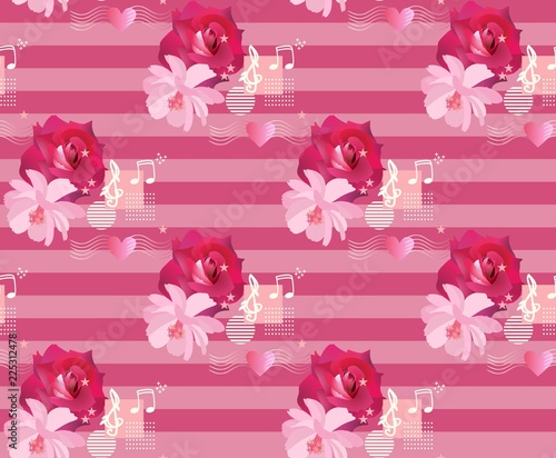 Seamless floral pattern with crimson roses and gentle light pink cosmos flowers, musical symbols, hearts, stars and geometric elements in memphis style on striped background.