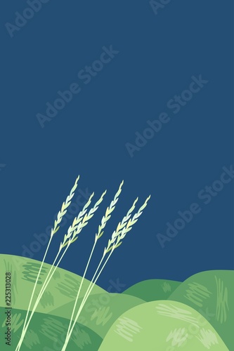 Green hills against a dark blue sky and ears of cereals in the foreground. Vertical card in vector.