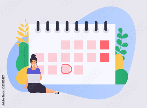 Business woman with a laptop have a calendar plan. Flat design modern vector illustration concept.