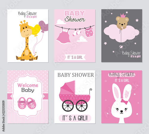 Baby shower invitations. Set of 6 baby girl cards
