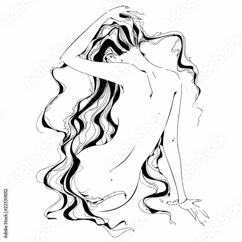 Naked girl. Graphics. Curls. The Nude. Vector