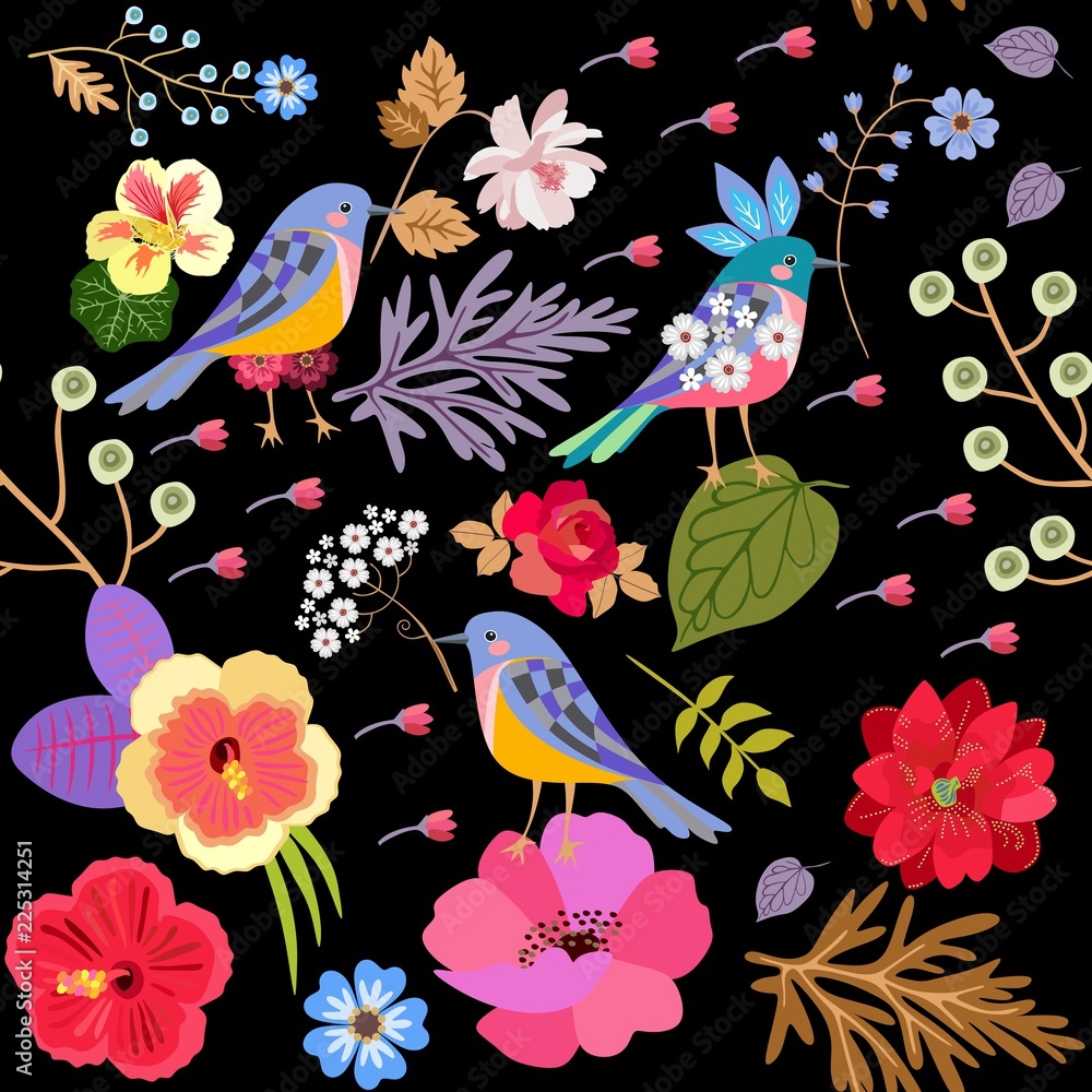 Seamless exotic pattern witn funny birds and bright flowers isolated on  black background in vector. Print for fabric, paper, wallpaper. Stock  Vector | Adobe Stock