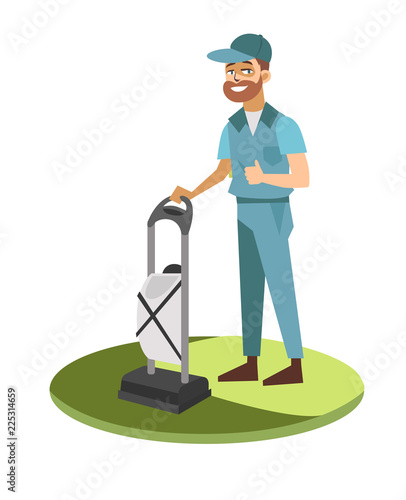 Man in uniform washing carpet with vacuum cleaner