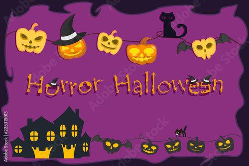 Pumpkin  house haunted and black cat on violet background for halloween party.