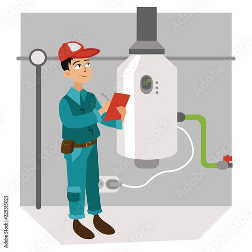 Inspector with checklist examines heating system poster