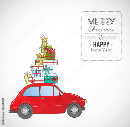 Christmas card with vintage red car carrying gift boxes on white background.