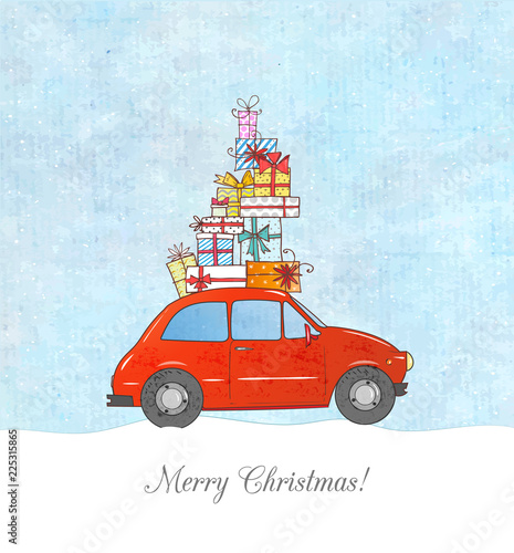 Christmas card with vintage red car carrying gift boxes