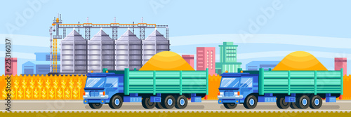 Agricultural silo trucks deliver wheat harvest to grain storage elevator. Cereal harvesting vector illustration