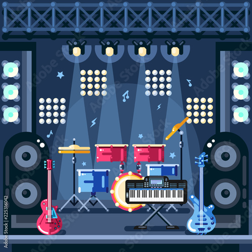 Rock concert stage vector illustration. Music instruments and spotlights equipment on scene. Festival design elements