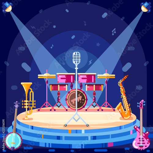 Jazz festival stage, vector flat illustration. Music instruments and spotlights equipment on scene podium