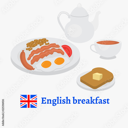 English breakfast plate with sausage, egg, becon, tomato and beans. Traditional tea and toasted bread. London cafe menu