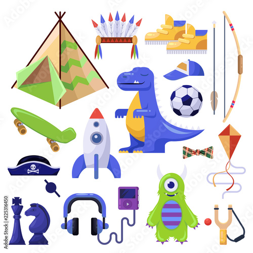 Boys stuff, toys and personal things. Vector isolated icons set