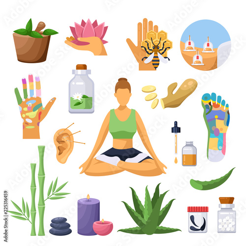 Alternative chinese medicine and treatment symbols. Vector isolated flat illustration.