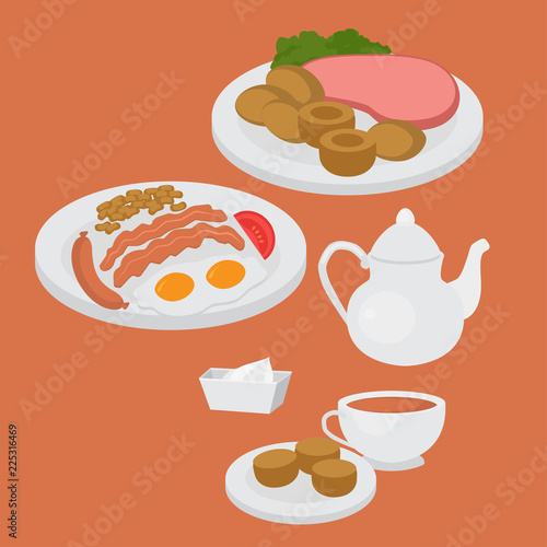 London menu. English breakfast, lunch and dinner with sausage, egg, becon. Traditional Afternoon tea. Meat and sandwich