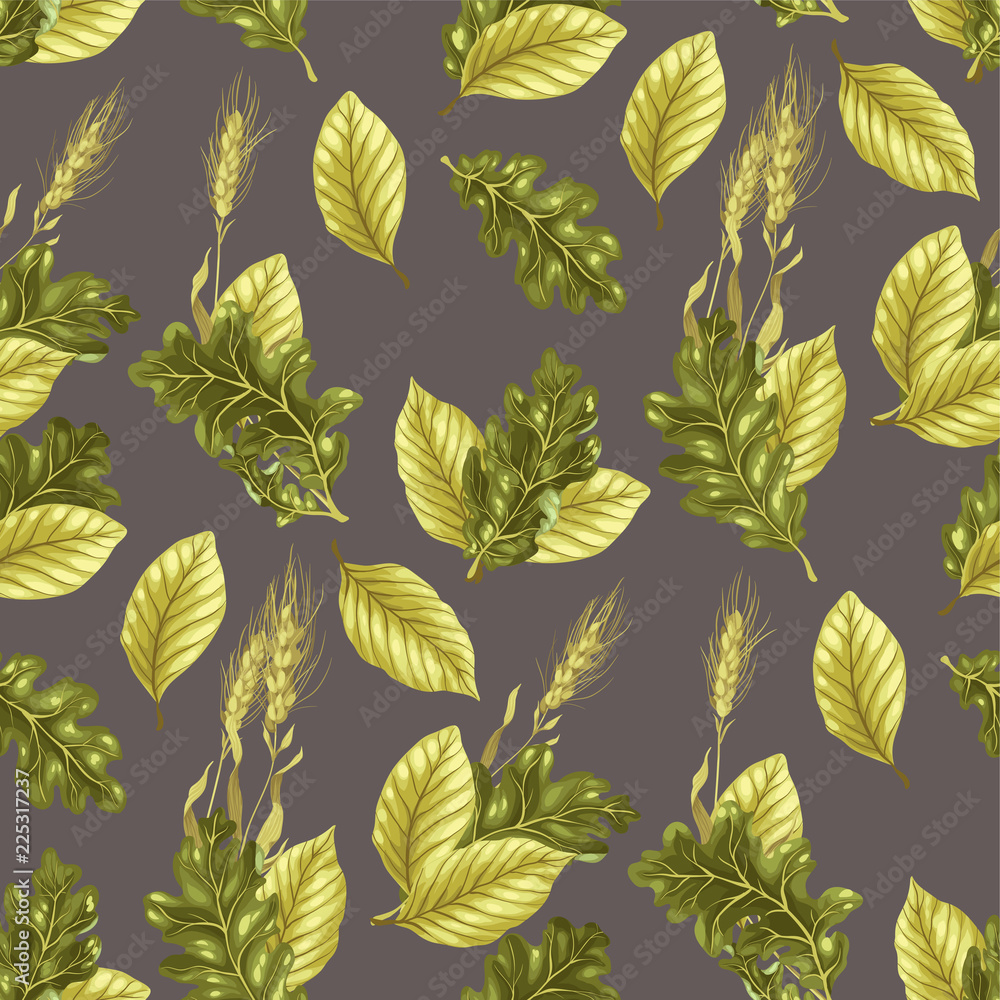 Seamless vector pattern with leaves and rye