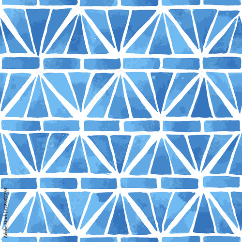 Hand painted geometric mosaic composition in blue. Stained glass imitation. Seamless vector pattern