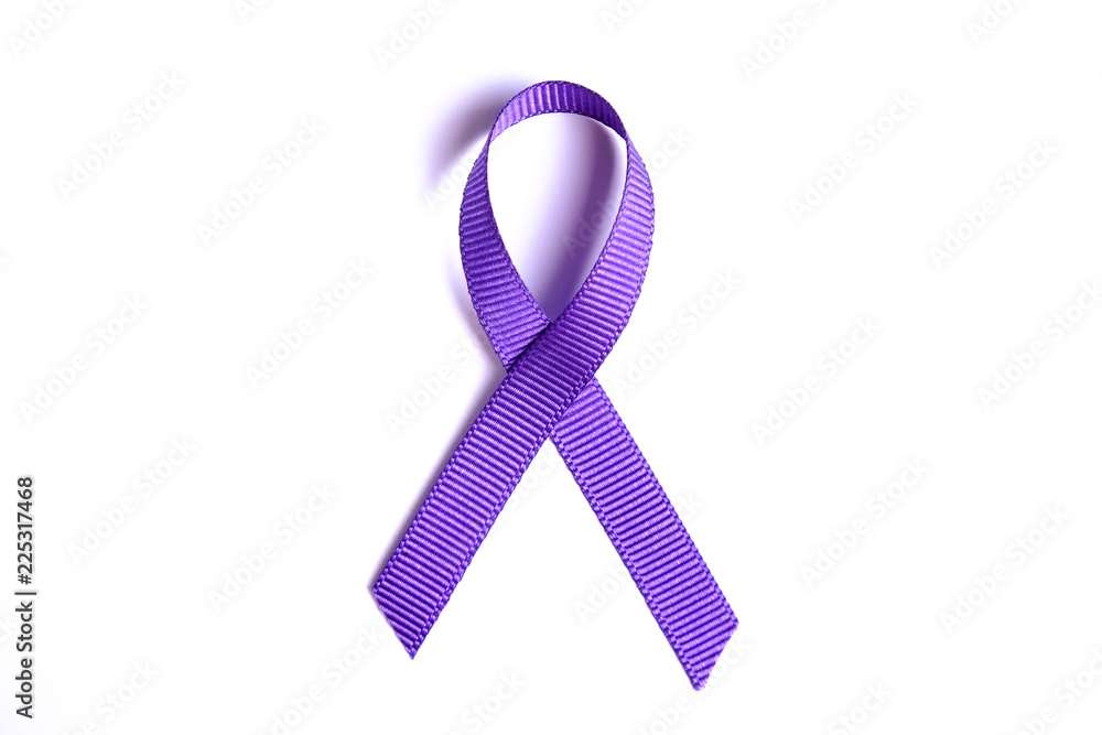 Purple awareness ribbon represents pancreatic cancer, alzheimer's disease,  lupus, animal abuse, ADD and religious tolerance. Isolated on white  background, copy space, close up, top view, flat lay. Stock Photo | Adobe  Stock