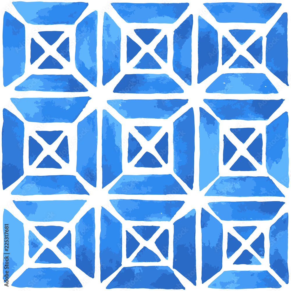 Hand painted geometric tile. Seamless vector pattern in blue Hand painted geometric tile. Seamless vector pattern in blue