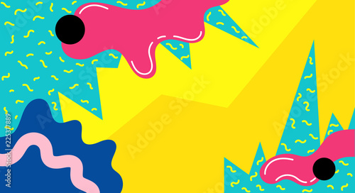 Memphis abstract pop art line and dots color pattern background. Vector liquid splash overlay geometric design memphis style.Color splash abstract cartoon background children playground banner