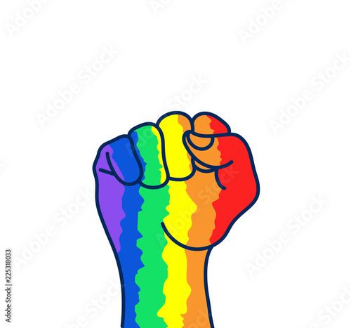 Female woman can.Protest Hand Icon isolated.Symbol of feminism concept.Girl Power.Harassment.Woman rights, protest.Gay Pride.LGBT concept rainbow colored hand with a fist raised up. Sticker, patch