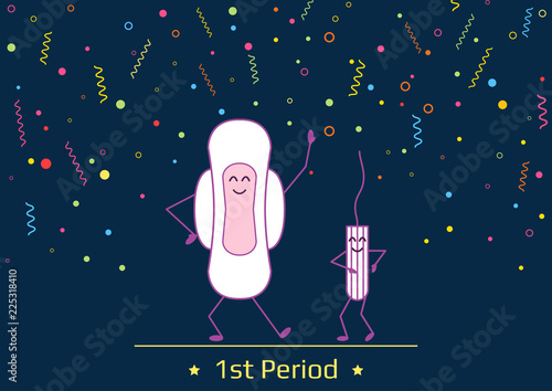Vector illustration of dancing menstrual pad and tampon. First woman menstruation period party time. Menstruation period and feminine hygiene products. Celebrating daughters menses days. Party idea.