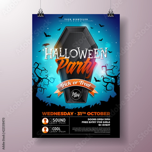 Halloween Party flyer vector illustration with black coffin and flying bats on mysterious blue background. Holiday design template with spider for party invitation, greeting card, banner or