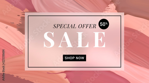 Vector sale banner with text on lipstick stokes background. Good for salons, beauty shops.