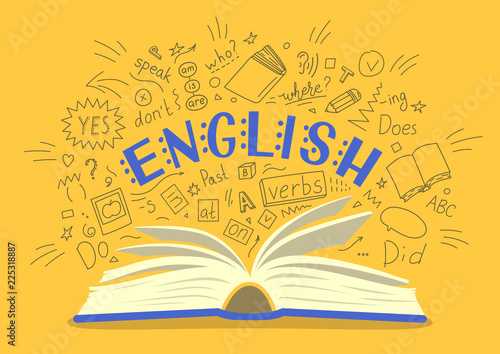 English. Open book with language hand drawn doodles and lettering on yellow background. Education vector illustration.