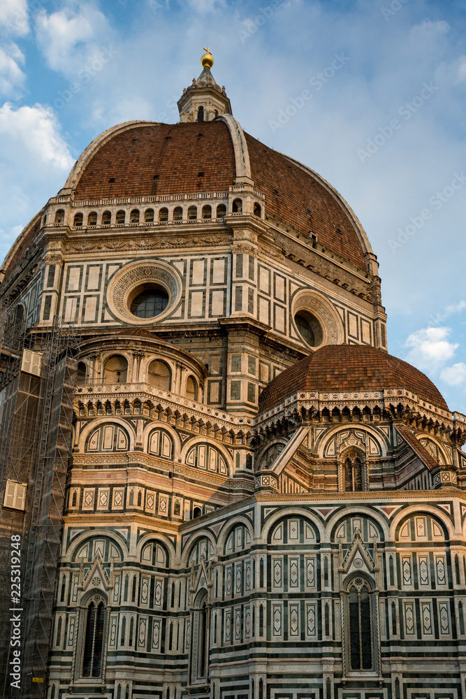 Facade and Dome of Cathedral of Saint Mary of Flower in Florence in Sunrise, Italy, Europe