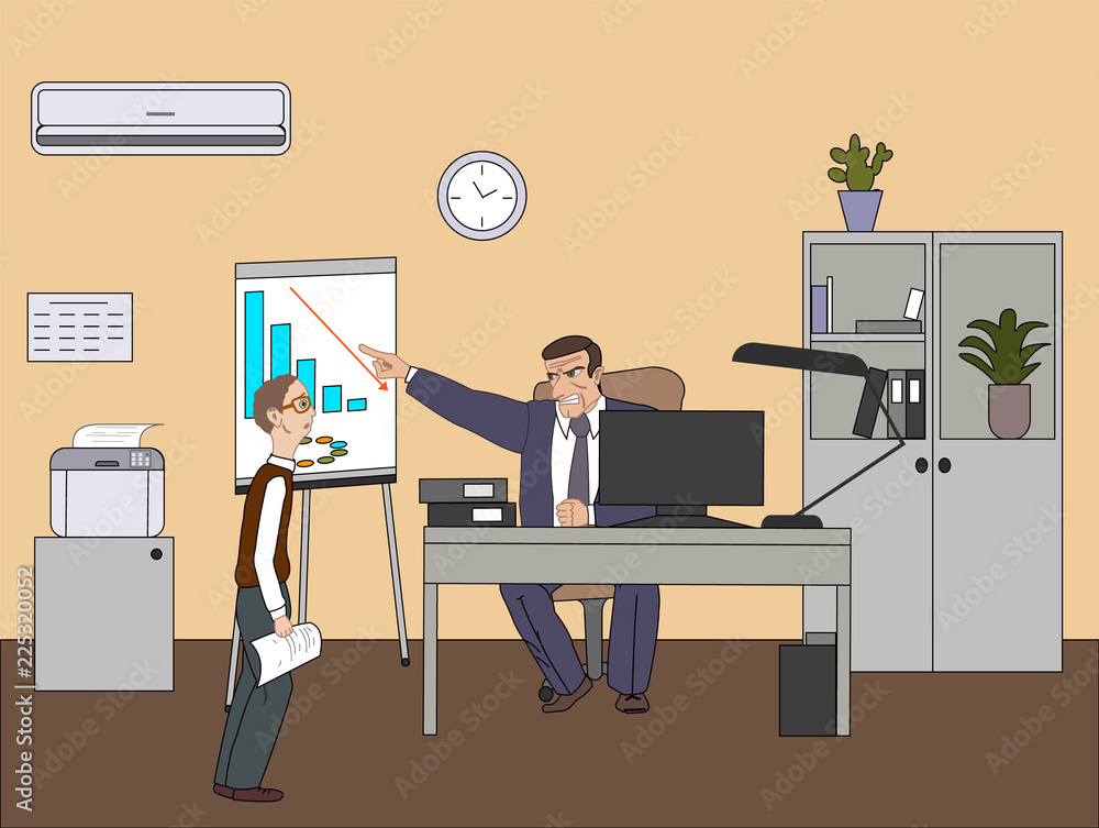 Angry boss with employee at office room. Vector cartoon illustration. Stock  Vector | Adobe Stock