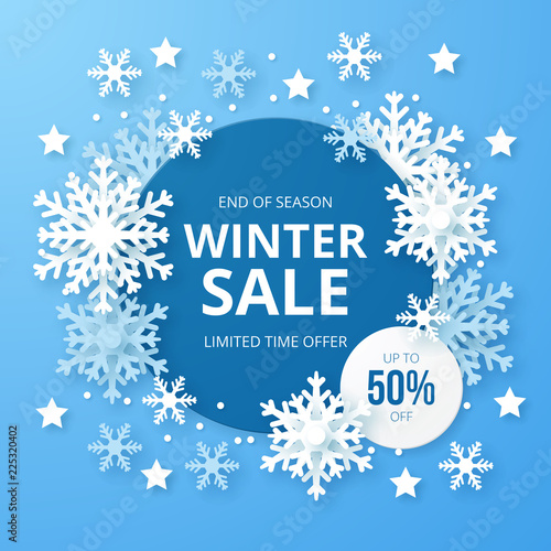 Winter sale banner. Origami snowfall. Vector Illustration.