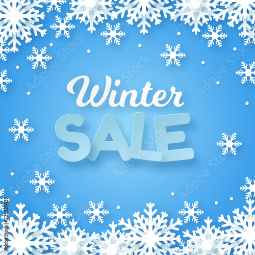 Winter sale banner. Origami snowfall. Vector Illustration.