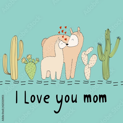 Baby shower cards. Vector lama mom and baby