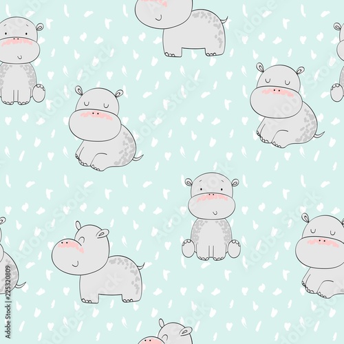Vector hand drawn seamless pattern with cute hippos