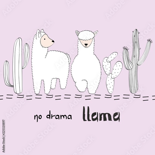 Hand drawn card with llama and cactus.No drama llama