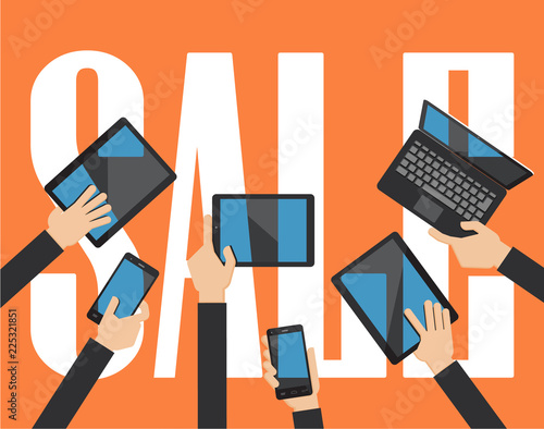 Sale computing concept. Hands holding smartphone, computer laptop and tablet with sale background.