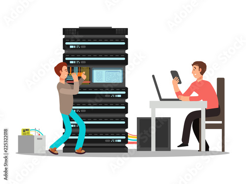 Man engineer, technician working in office. Two flat male IT cartoon character. Vector illustration