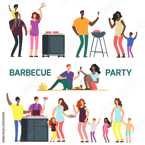 Barbeque party cartoon character families. Flat characters resting on bbq vector set illustration