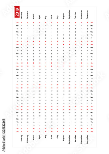 One row vertical calendar 2019, sunday first day of the week.