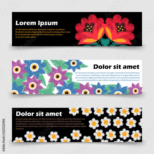Floral horizontal banners template with bright poppy, camomile, leaves. Vector illustration photo
