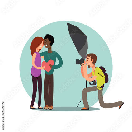 Love story photo session. Cartoon character happy couple in love vector illustration isolated on white