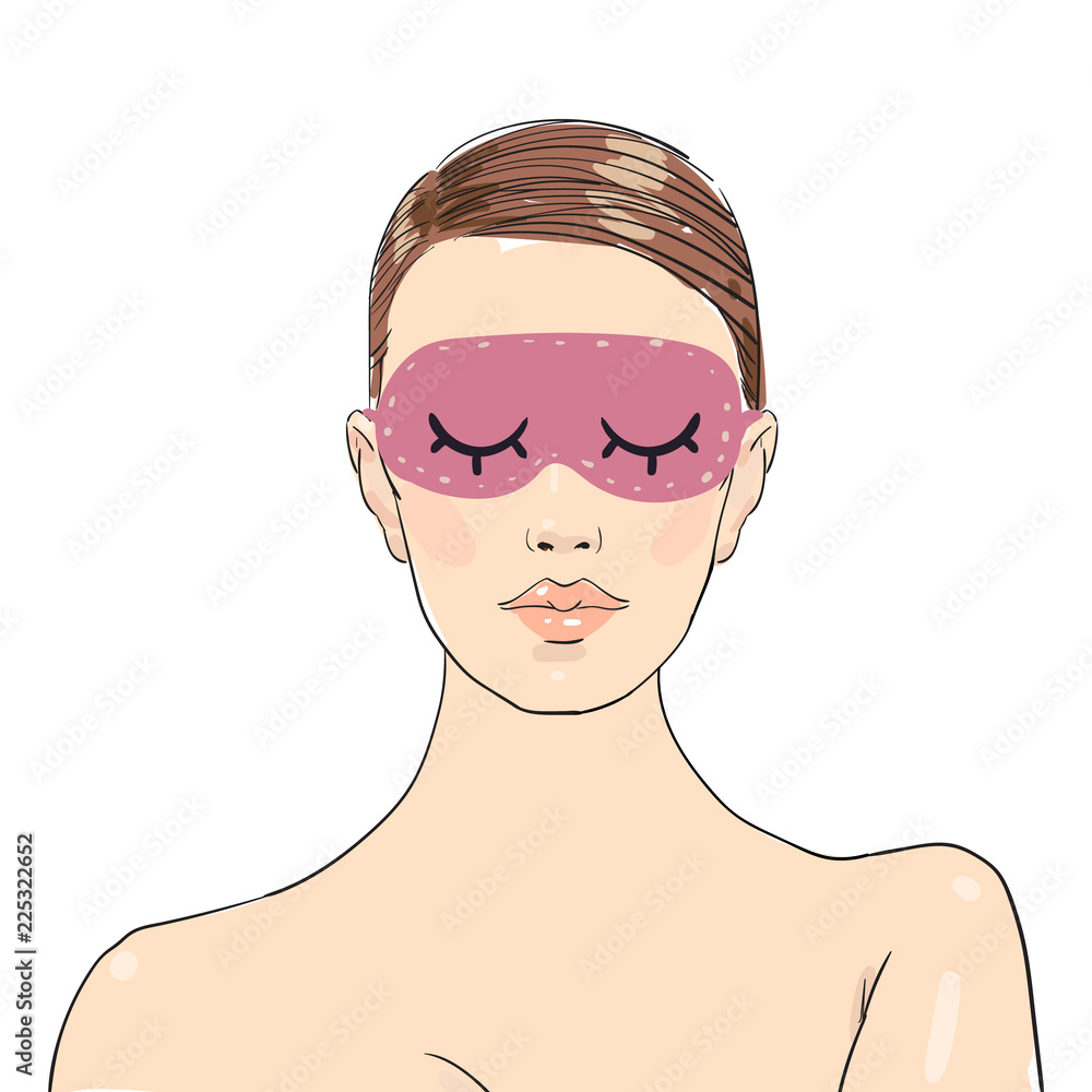 Fashion illustration. Beauty sleep. Mask for sleeping with eyelashes on a pink (rose color) background. Do Not Disturb. Cute Sleeping Girl with mask for sleep. Vector Illustration Fashion illustration. Beauty sleep. Mask for sleeping with eyelashes on a pink (rose color) background. Do Not Disturb. Cute Sleeping Girl with mask for sleep. Vector Illustration