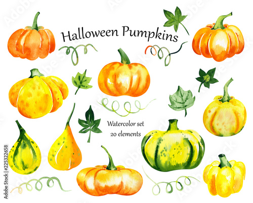 Watercolor set with halloween pumpkins