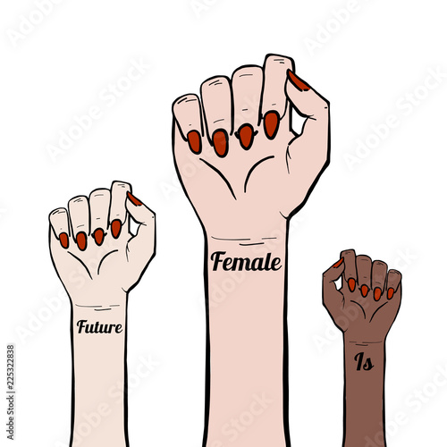 Fashion Vector hipster style poster of woman's fist. Girls power. Future is Female lettering with logo design elements isolated from white background. Feminism ideas Illustration