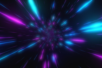 Abstract flight in retro neon hyper warp space in the tunnel 3d illustration